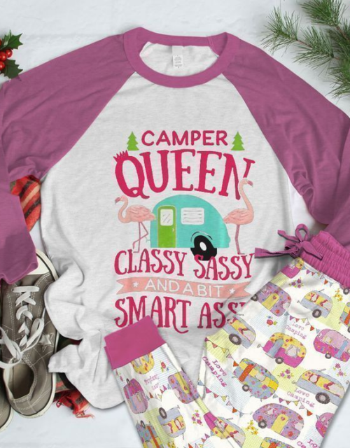 Camping Camper Queen Purple Good Pajama Set |Sleepwear Pjs Sets | Raglan Shirt Pants Set