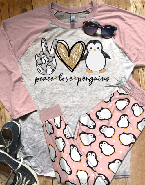 Penguin Peace Love Penguins Pajama Set |Sleepwear Pjs Sets | Raglan Shirt Pants Set