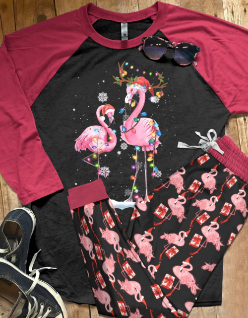 Flamingo Christmas Flamingo Red Best Pajama Set |Sleepwear Pjs Sets | Raglan Shirt Pants Set