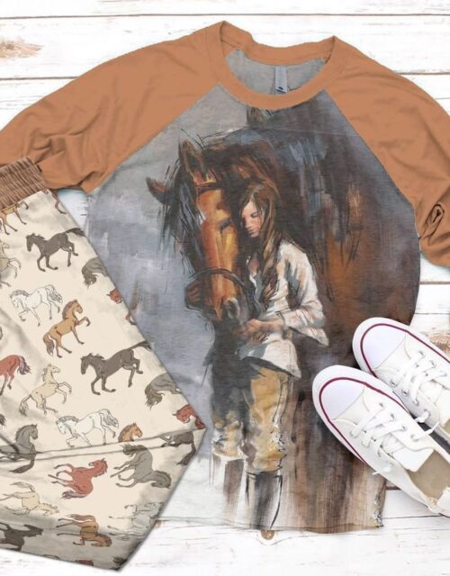 Horse Girl Orange Best Pajama Set |Sleepwear Pjs Sets | Raglan Shirt Pants Set