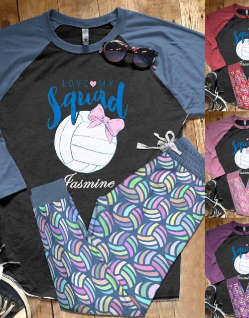 Volleyball Personalized Set Love My Squad Pajama Set |Sleepwear Pjs Sets | Raglan Shirt Pants Set